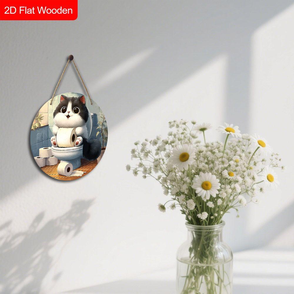 Wooden Hanging Decorative Sign, Toilet Decoration, 2D Flat Pendant, the Pattern Is a Cat Sitting On the Toilet, a Housewarming Gift for a Friend