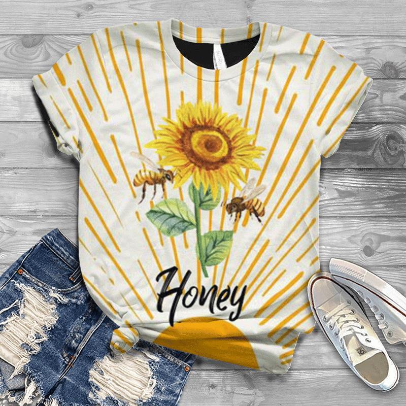 Damen Sommer Europäisch und Amerikanisch Neu 3D Freizeit Kunst Design Blumen Bedrucktes T-Shirt