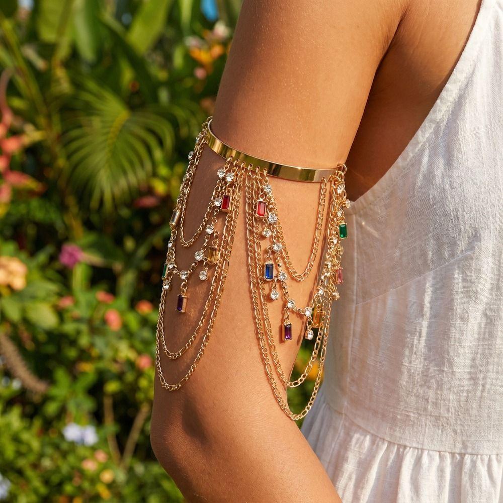 Resort Wind Open Arm Bracelet Punk Style Metal Hanging Chain Tassel Arm Ring Vacation Style