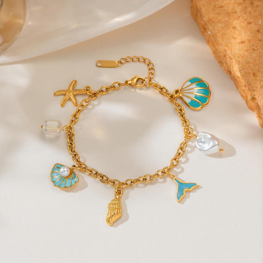 18K Gold Plated Ocean Style Starfish & Pearl Stainless Steel Bracelet - Waterproof & Fade-resistant
