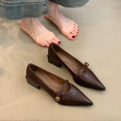 Pendlerversion~ Retro flachmündige High Heels Damen High-End Kamelie Ein-Wort-Schnalle Blockabsatz Einzelne Schuhe Spitz zulaufend Temperament Mary