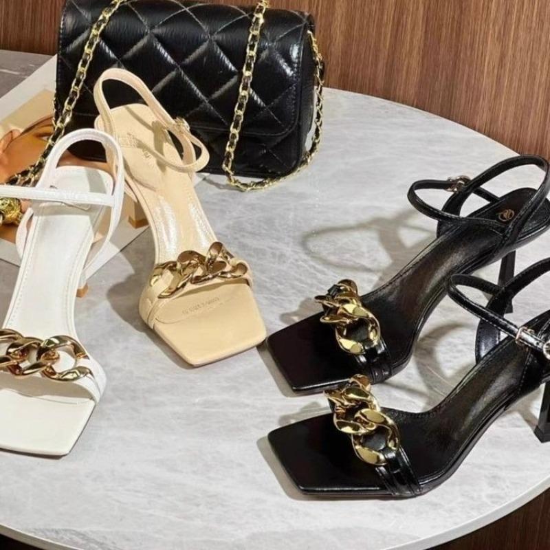 Fashion Summer New Large Chain High Heels Women's Square Toe Open Toe One Strap Stiletto Temperament Non-slip Sandals