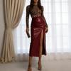 Yousheng Midi Skirt High Waist Artificial Leather Hip Skirt with Slit Design Pure Color Slimming Fit Office Lady Skirt Work Leisure Daily Wear