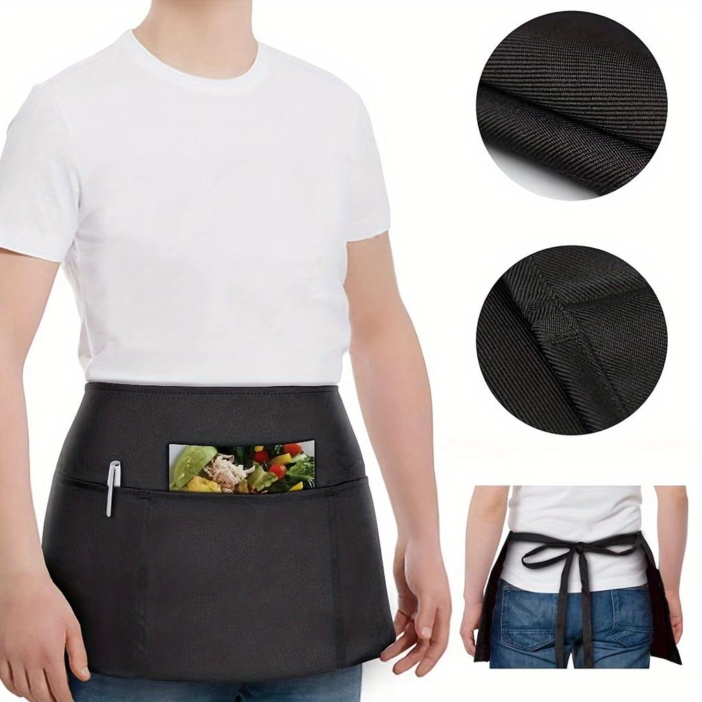 Waist Skirt with Three Pockets, Black Short Apron for Servers, Half Cut Short Apron