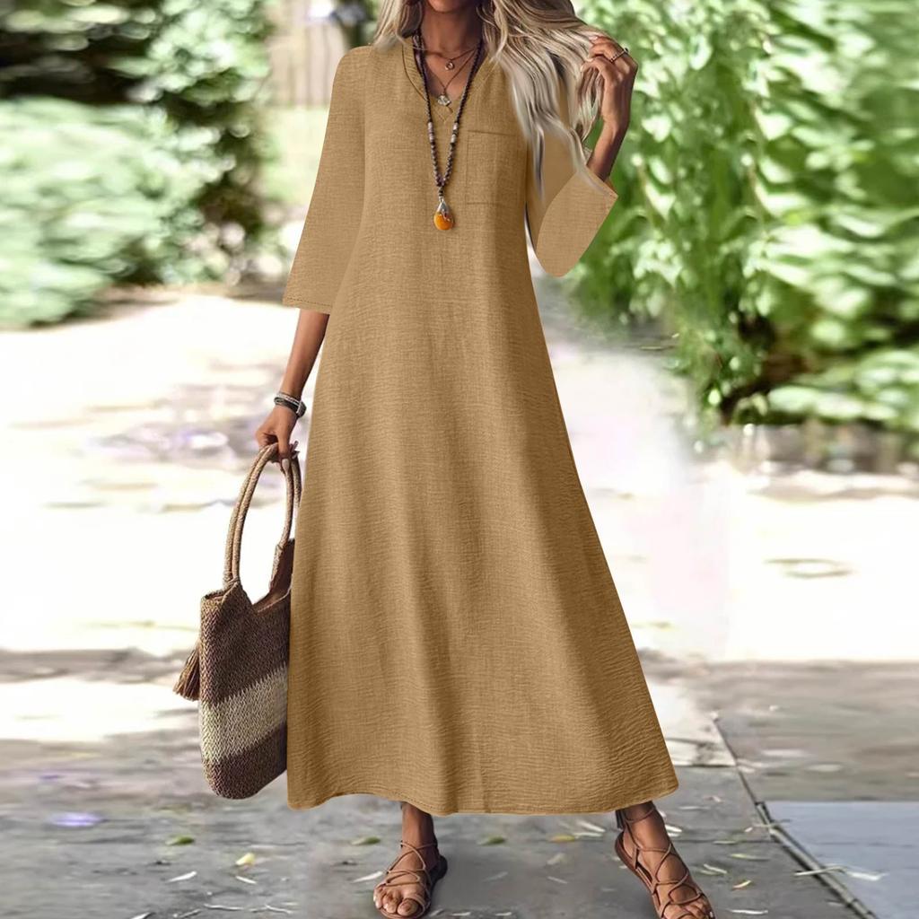 Women's Fashion V-Neck Seven Sleeve Pocket Solid Color Zipper Casual Vacation Long Cotton Linen Dresses