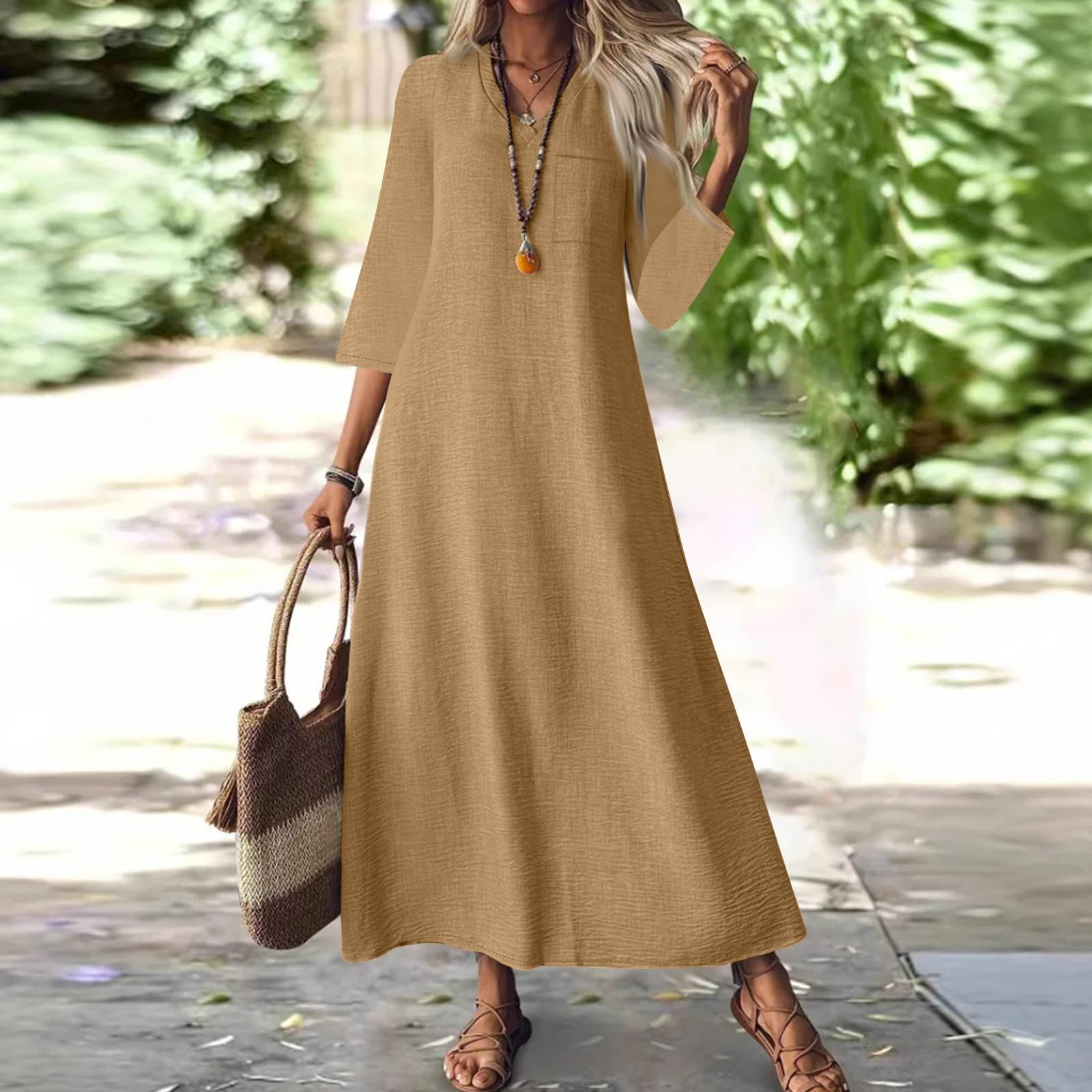 

Женская мода V-образный вырез рукав семь карман однотонный молния повседневный отпуск длинные хлопково-льняные платья XL