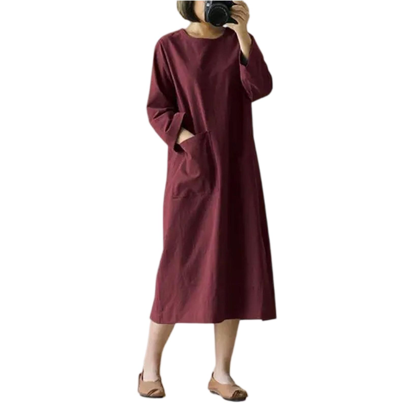 

Women s Fashionable Casual Loose Fit Three Quarter Sleeve Pocket Design Mid Length Dress XL винний