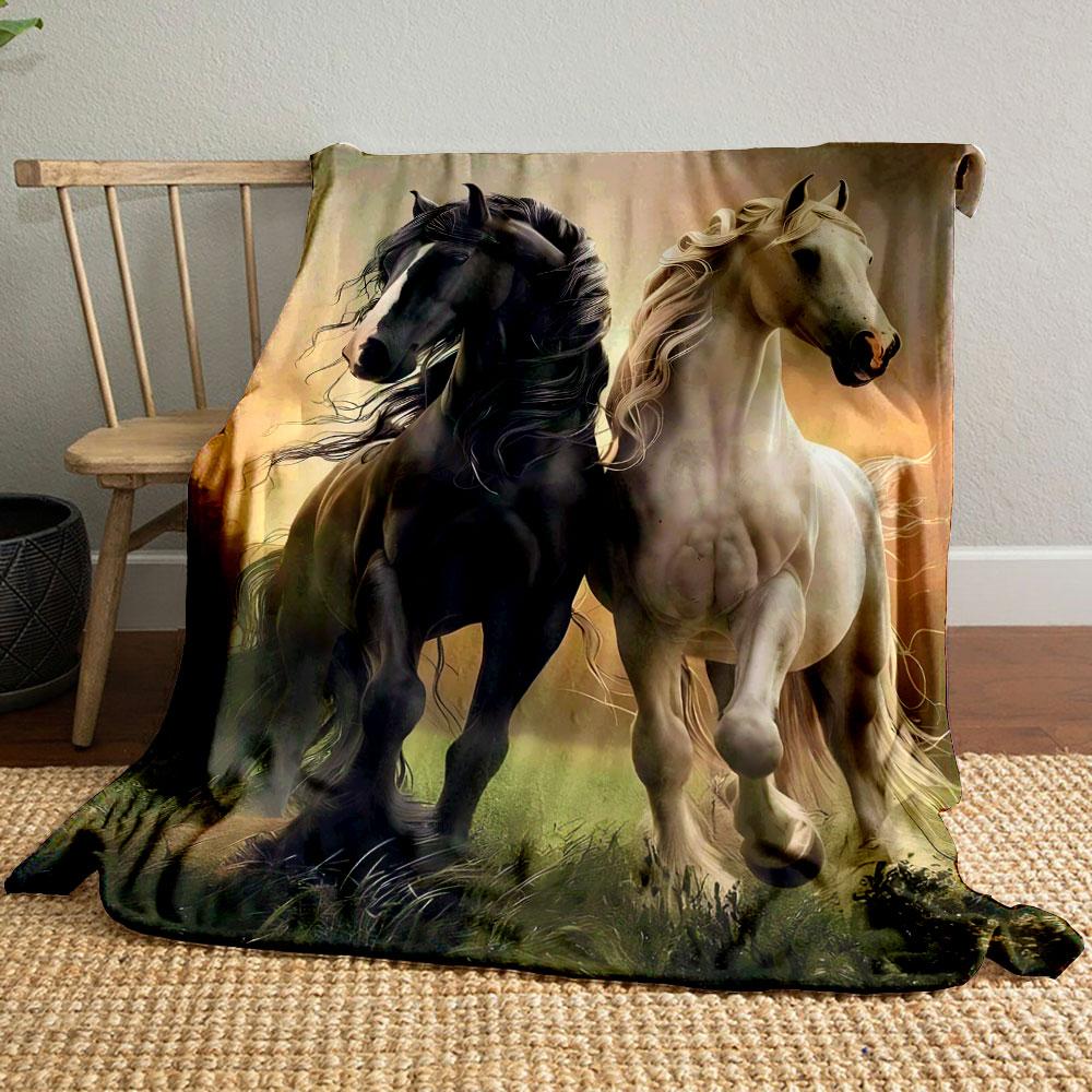 Black and White Horses Printed Blanket bedroom Blanket for Livingroom Couch lunch break Soft throw for Friend's festival Gift