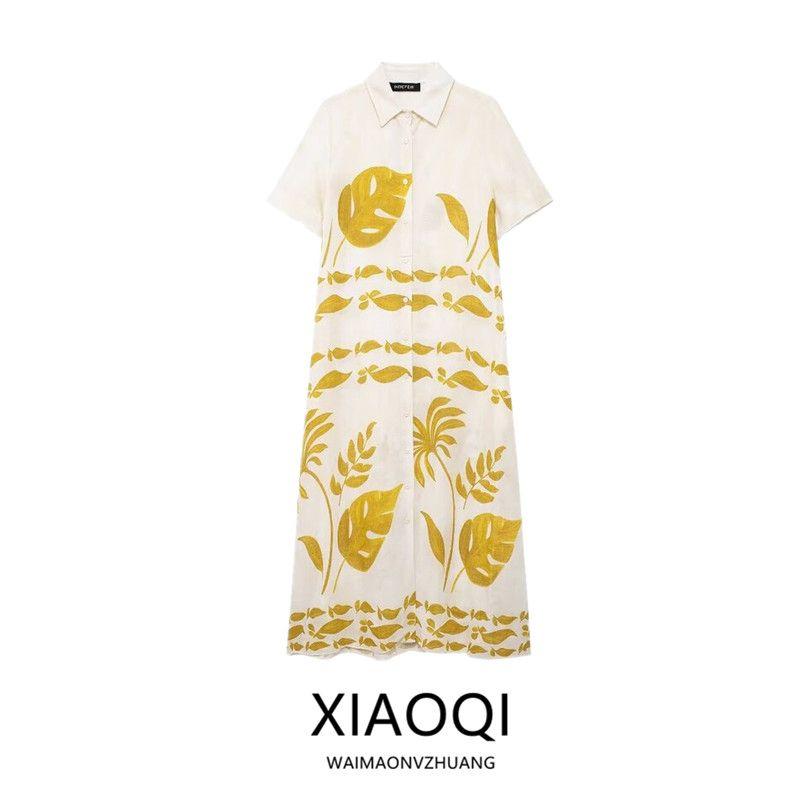 Fashion Style 2024 Summer New Arrival Women's Clothing Easiest for Match Linen Blended Mid Length Long Length Shirt Dress 3484192