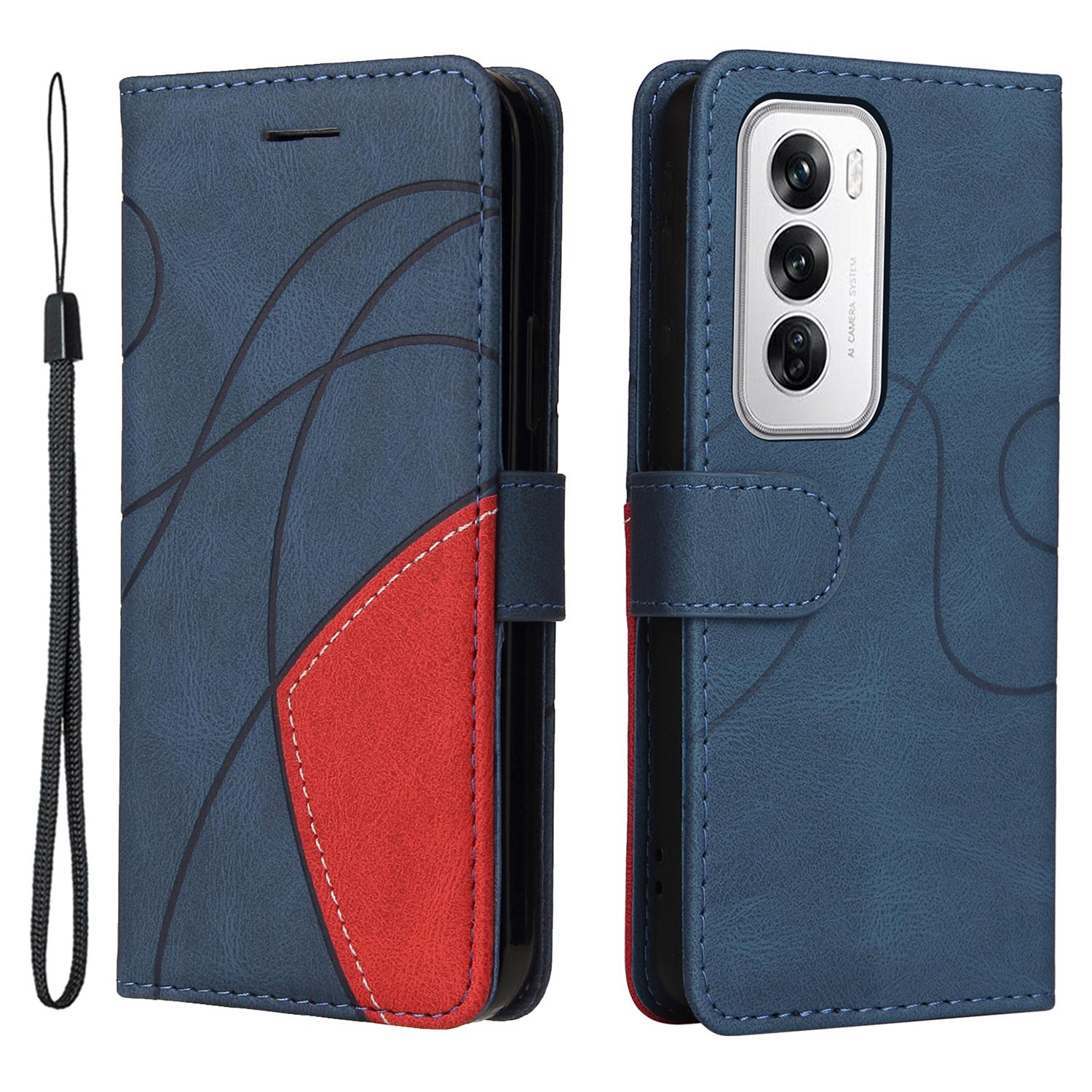 

For Oppo Reno12 5G (Global) Leather Case Wallet Stand Color Splicing Phone Cover Blue