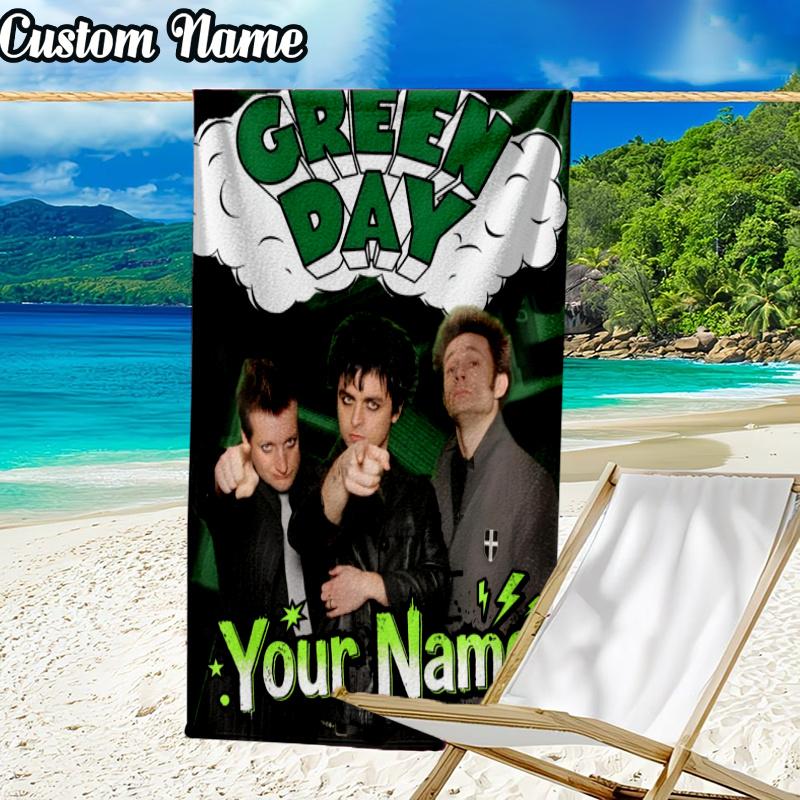 Custom Name Green Day Music Beach Towel - Soft, Ultra-Absorbent Microfiber, Lightweight, Perfect for Beach, Parties, Travel, Camping