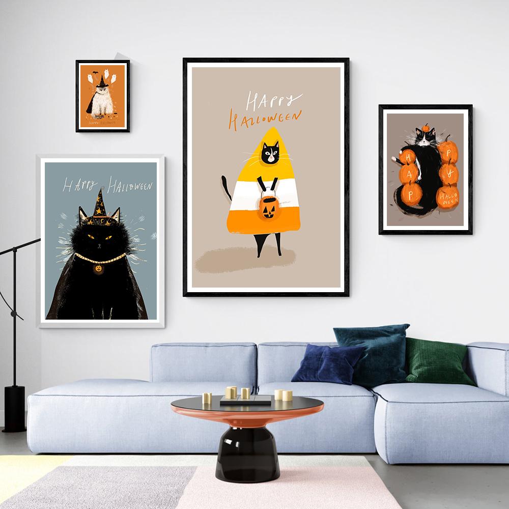 Funny Halloween Black Cat Autumn Wall Art Canvas Painting Nordic Posters And Prints Pumpkin Wall Pictures for Kids Room Decor