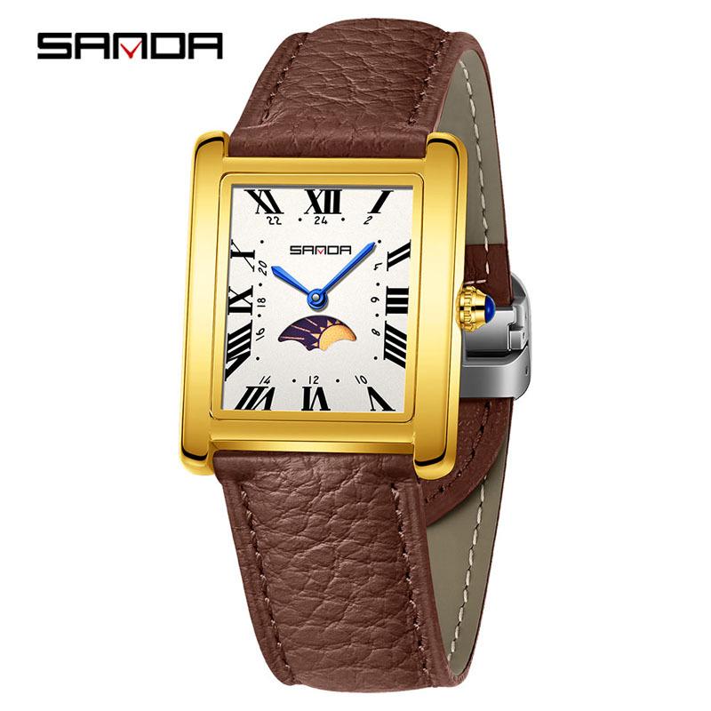 Sanda Elegant Ladies' Square Alloy Waterproof Quartz Watch with Roman Numerals and Moon Phase.