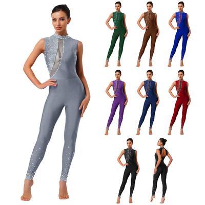 Collant de Ginástica Feminino Sem Mangas Costas Vazadas Strass Brilhantes Macacão Unitard Roupa de Competição de Yoga