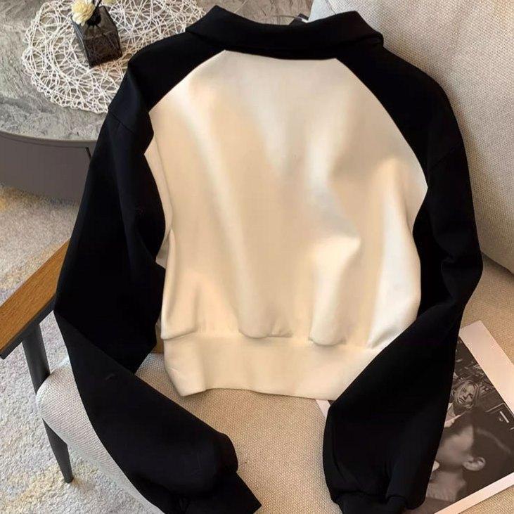 Casual Sweatshirt Cardigan Jacket Autumn Dress Women's Retro Fashion Age Reduction Contrast Long Sleeve Top Tide