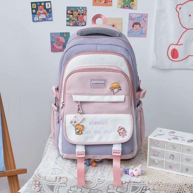 

Color Blocked Letter Print Student Backpack With Pendant And Badge For School And Daily Use
