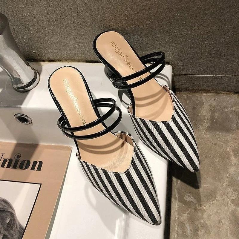 Elegant Women Heeled Shoes Luxury Heel Shoe Striped Black Summer Women Sandals Fashion Designer Summer New 2026 High Slippers