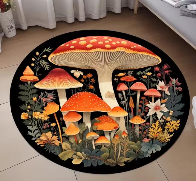 Round Black Carpet Dreamy Colored Mushroom Pattern Rug Living Room Bedroom Anti Slip Dirt Resistant Floor Mat Home Decoration