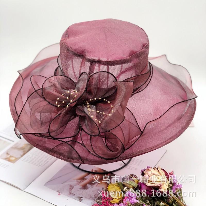 Chapeau d'été pour femme version coréenne protection solaire tissu anti-UV chapeau de soleil chapeau haut de forme en organza fleur à large bord maille