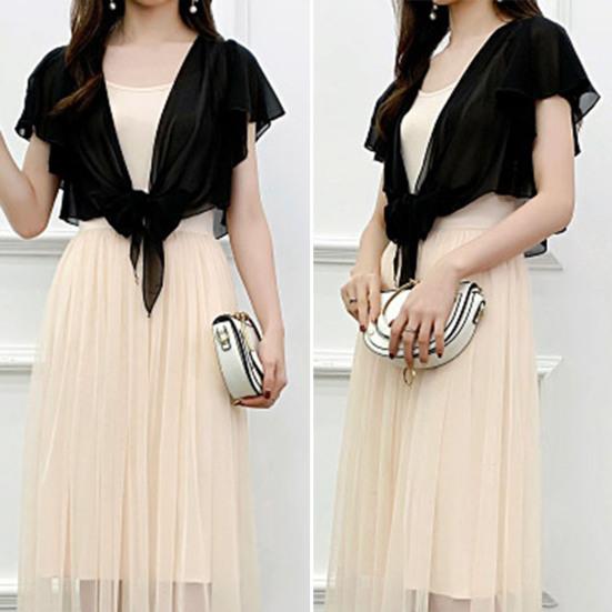 Ruffle Sleeve See-Through Front Lace-up Lady Cover-Up Chiffon Short Jacket Sunscreen