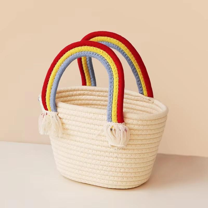 Handmade Cotton Rope Woven Handbag, Rainbow Cloud Pattern Storage Basket, Multifunctional Cosmetic Organizer Portable Picnic Fruit Basket