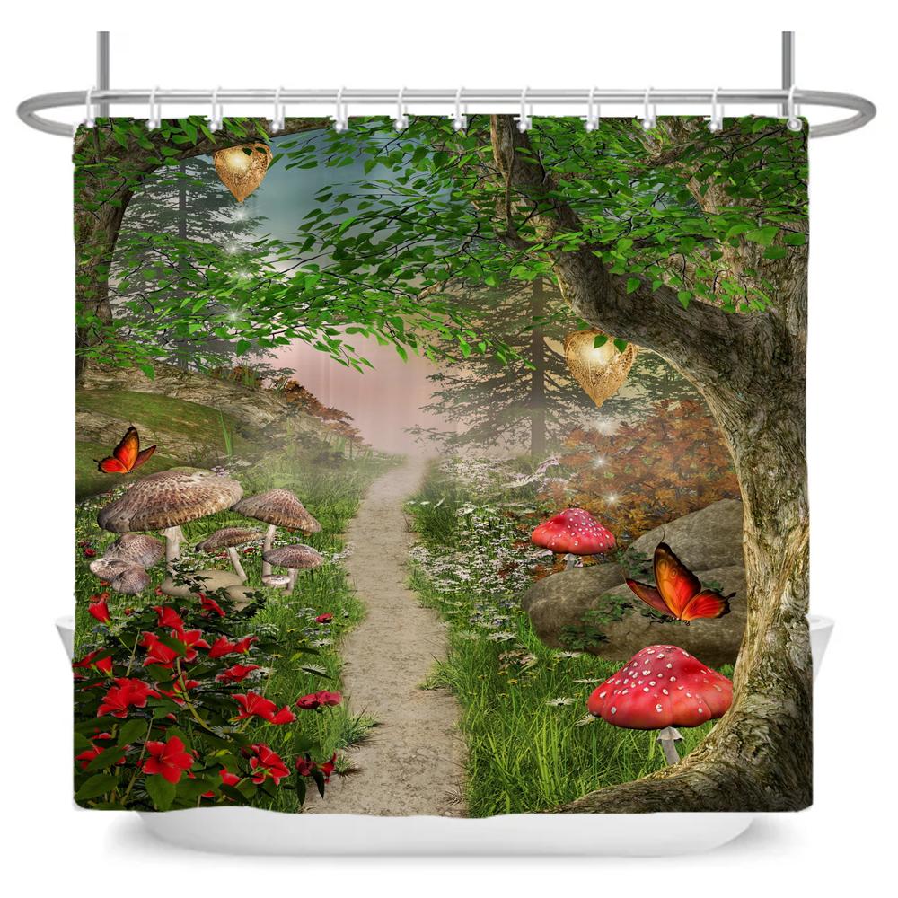 Rural Flowers Scenery Shower Curtain Dreamlike Blooming Flowers Tree Home Bathtub Decor Waterproof Polyester Bathroom Curtains