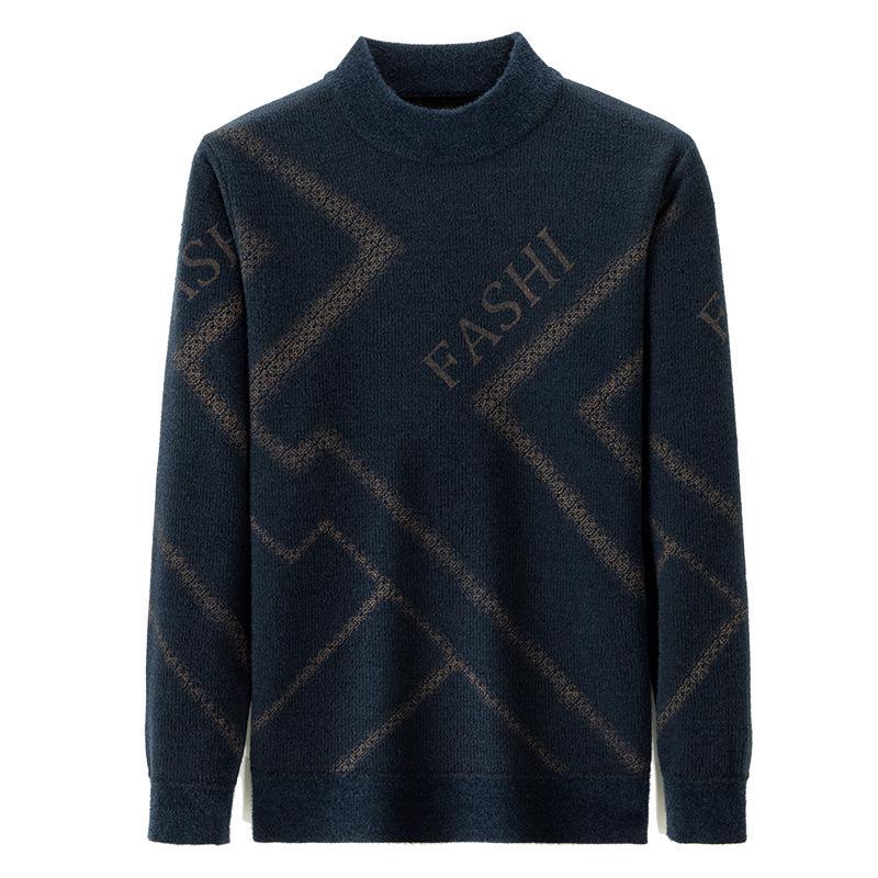 Men's Knit Striped Round Neck Sweater – Thickened Plus Velvet Base Layer for Autumn/Winter