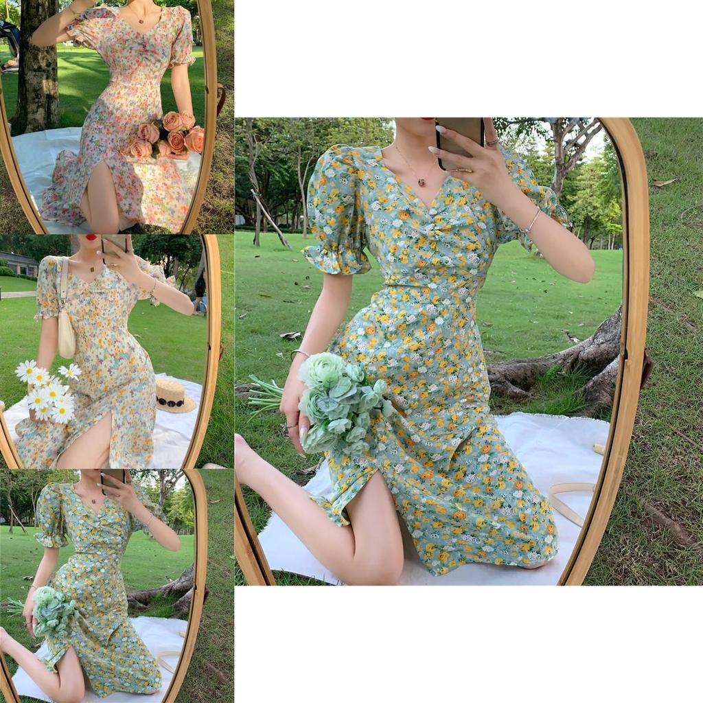 Summer Plus Size Floral Dress With V-neckline And Puff Sleeves Perfect For Any Occasion
