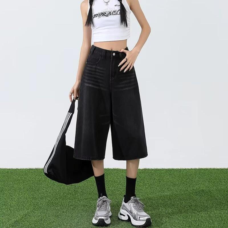 Cropped Jeans for Women In Summer New Style Small High Waist Loose Slimming Wide-leg Straight-leg Shorts