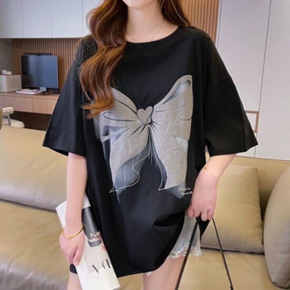 Navava Loose FiT Ribbon PrinT ShorT Sleeve Round Neck T shirT nT1839