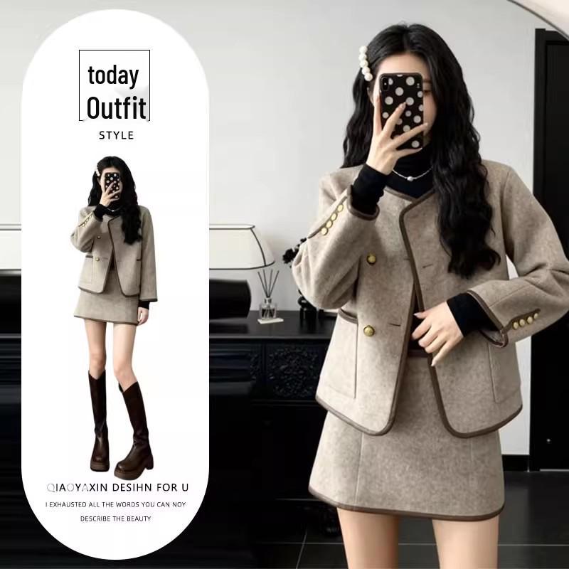 

French Chic Woolen Coat & Skirt: Elegant Autumn-Winter Three-Piece Set XL [Recommended 115-125 lbs]