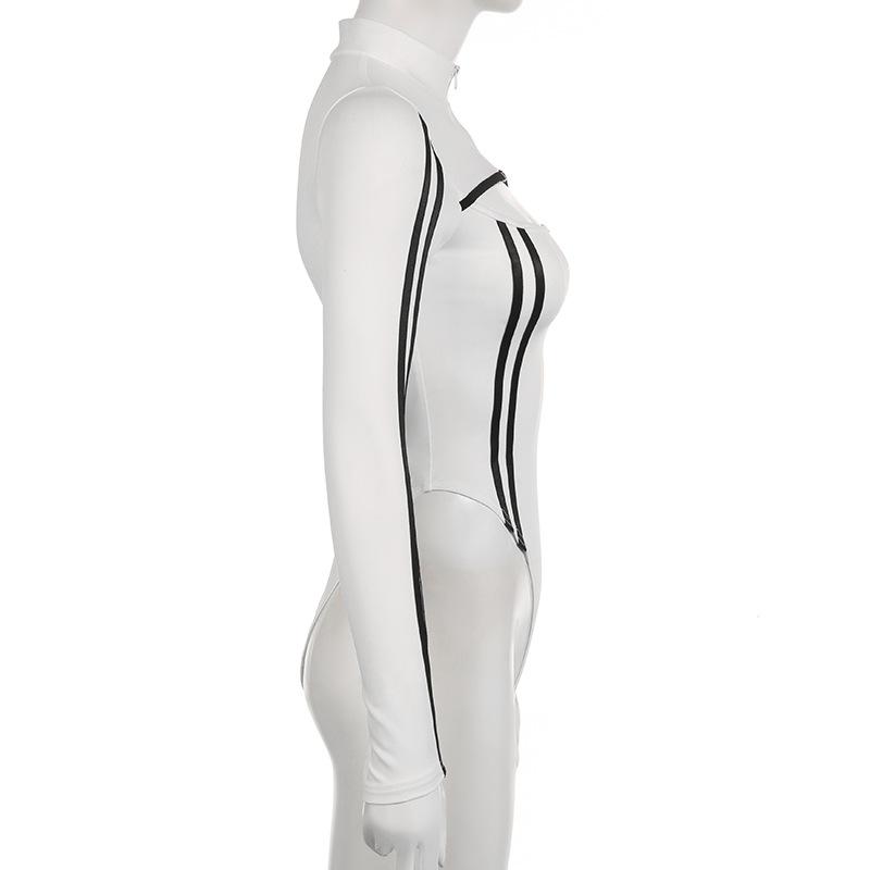 Tuta europea e americana in stile motociclistico a righe a contrasto con collo alto con zip, top casual versatile slim fit da ragazza piccante