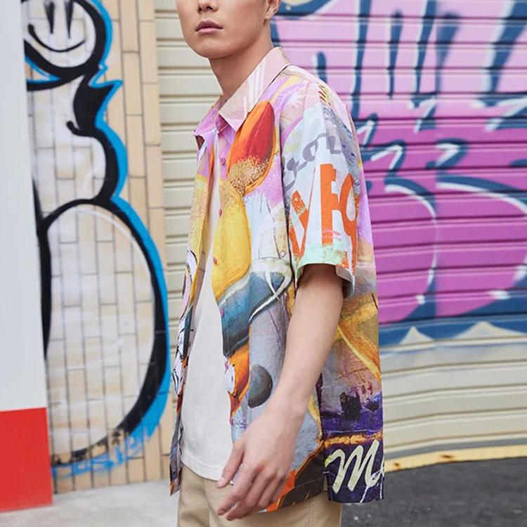 LiNing Loose Cartoon All-Over Print Turndown Collar Short Sleeve Shirt Unisex Tops Red Coral-Pink ASHS899-1