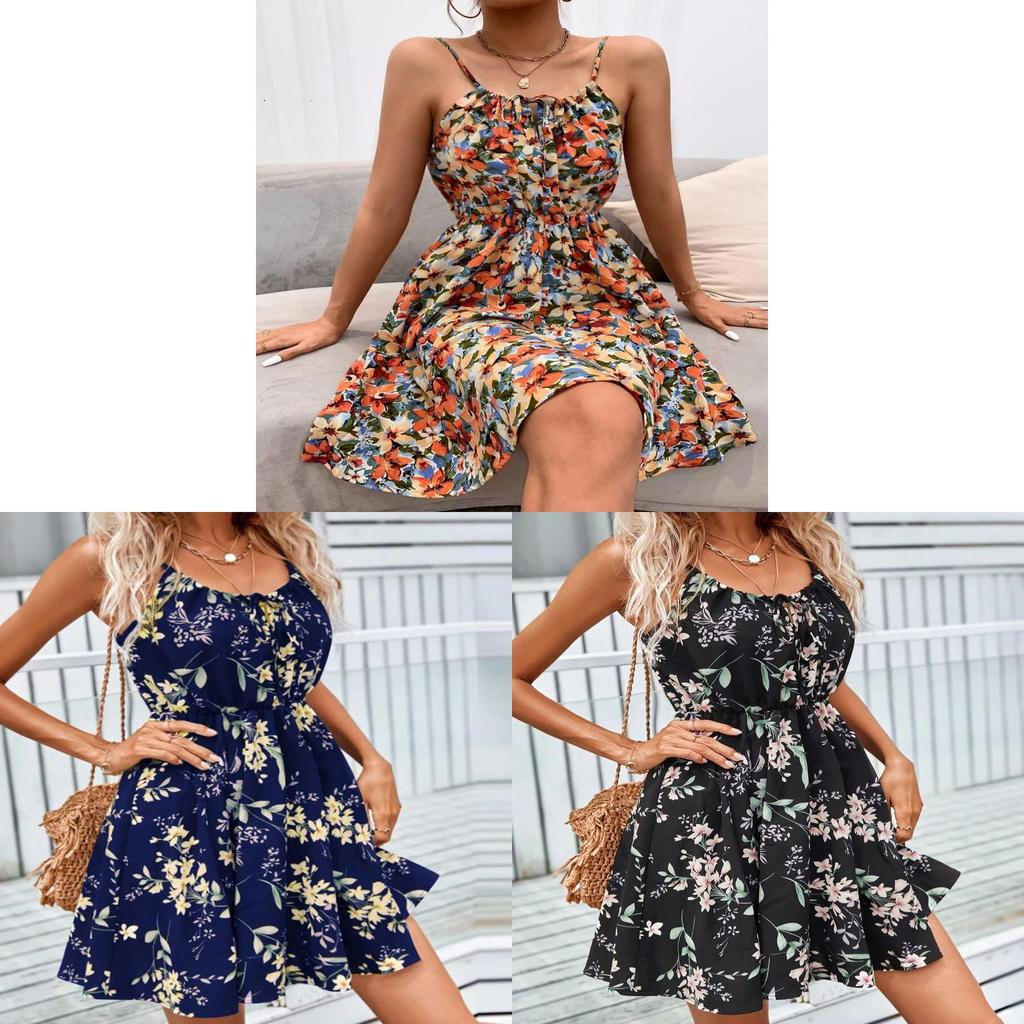 Summer Floral Printed Sleeveless Dress With Elastic Waist For Womens Casual Wear