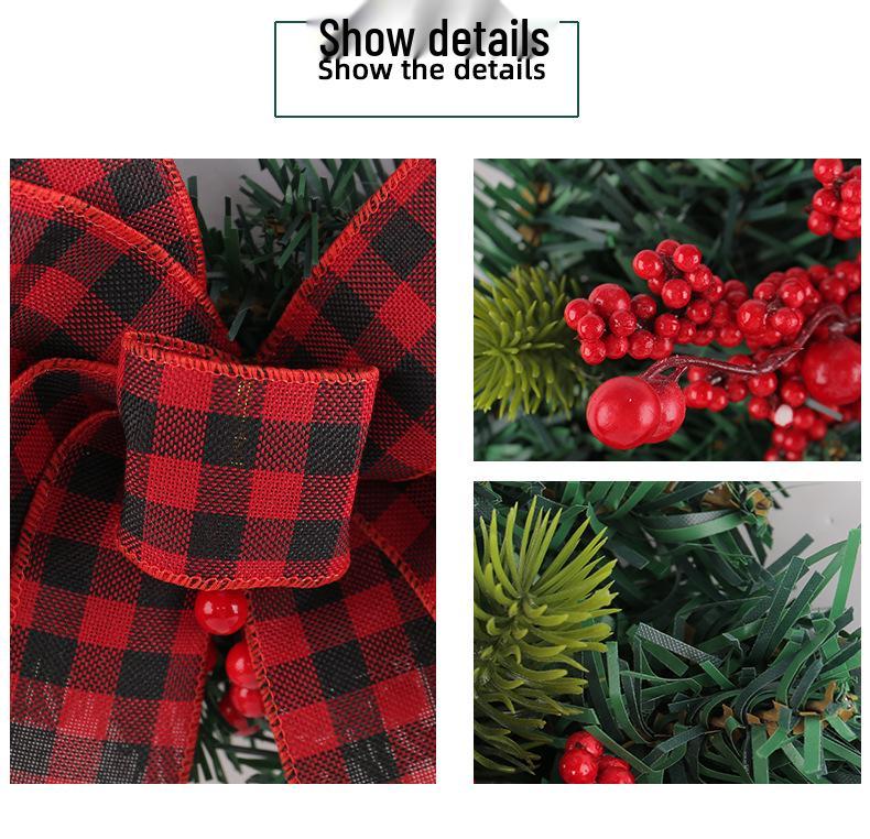 Přeshraniční vánoční červeno-černý kostkovaný věnec s mašlí a bobulovou révou, dekorace na dveře