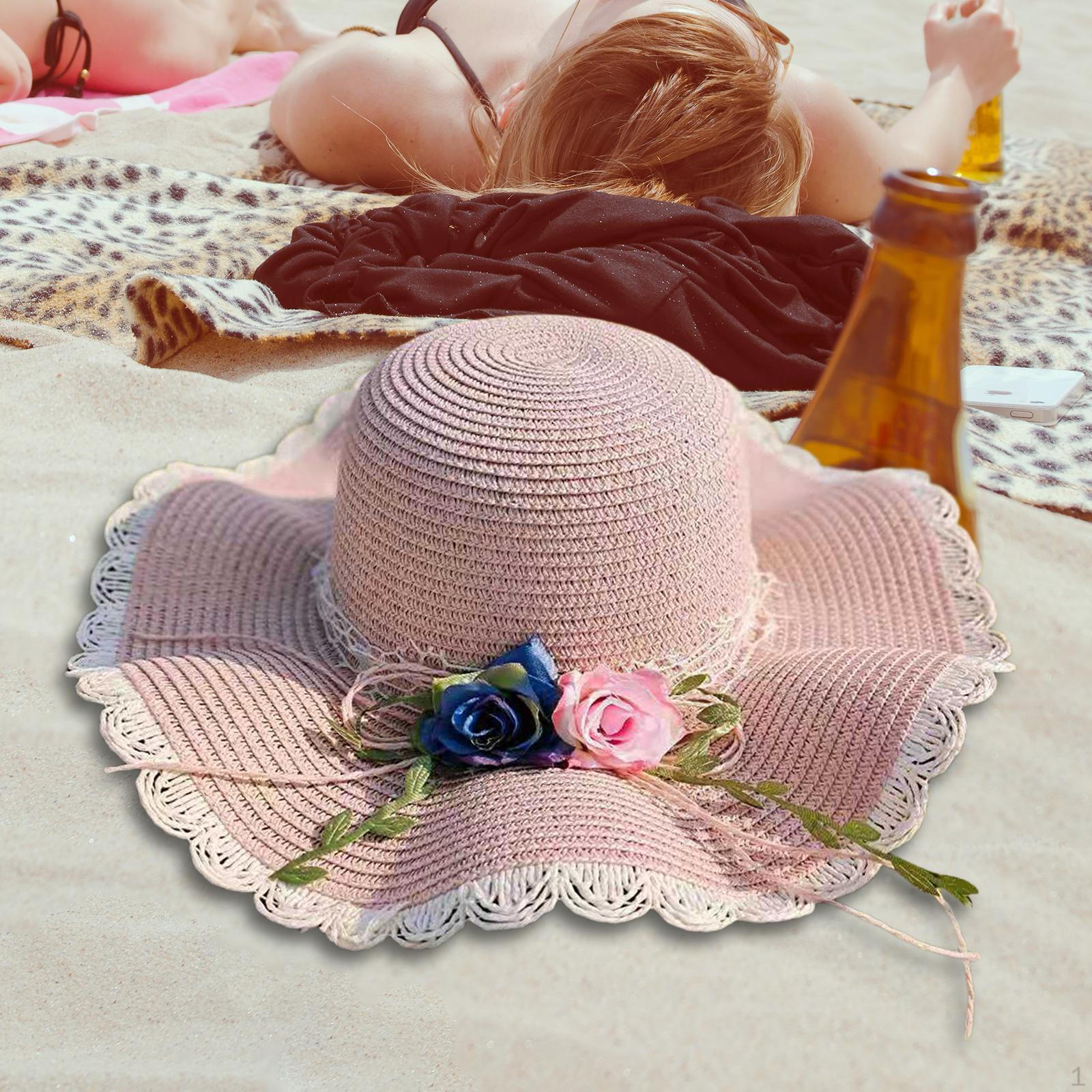 

Straw Hats Rose Embellishments Lightweight Durable Portable Big Eaves Hat Sun for Travel Short рожевий