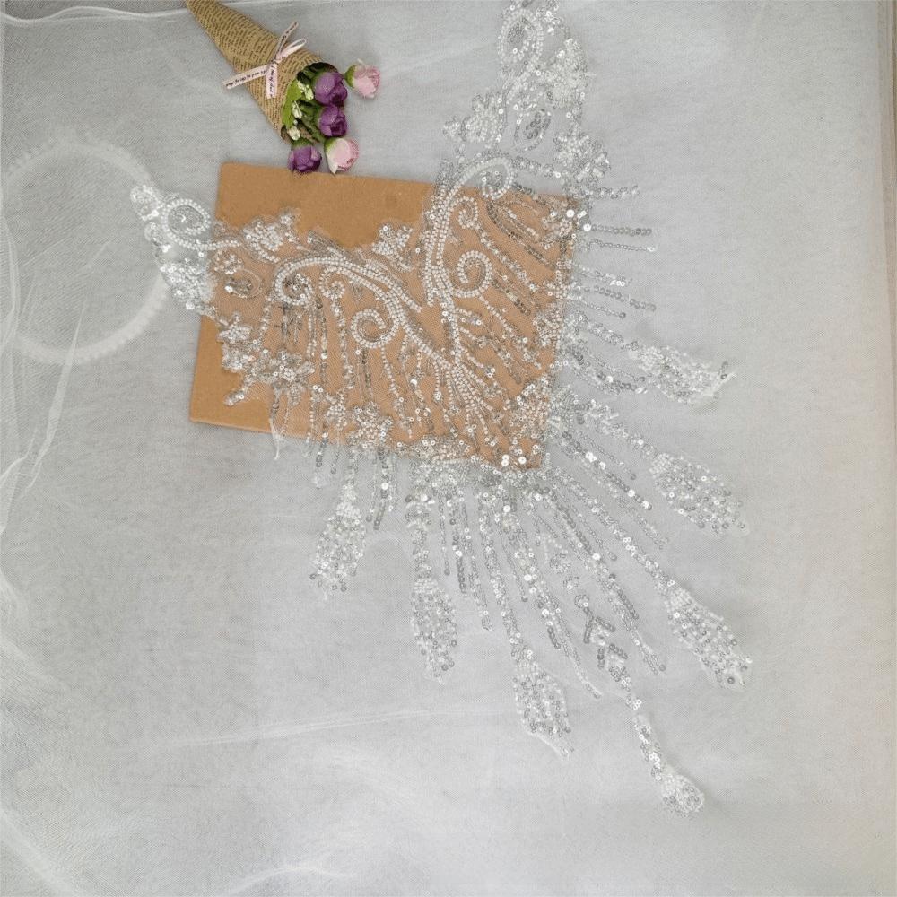 European Style Beaded Sequins Lace Patch White Wedding Dress Applique Front Chest