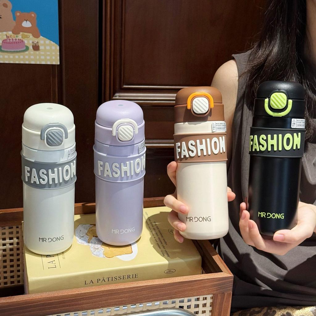 New letter stainless steel thermos cup high value double drink straw cup creative men's and women's sports portable car water cup