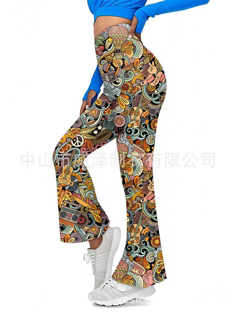 European and American Women's Floral Sexy High-waisted Slim-fitting Sports Flared Pants Women's Slim-fitting Trousers Casual Wholesale