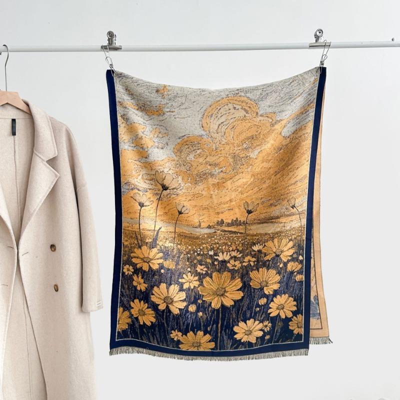 Autumn and winter new double-sided color oil painting series imitation cashmere thickened warm scarf women's air conditioner shawl