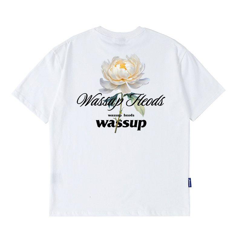 Wassup Flower Language Blooms Couple Versatile Short-Sleeve T-Shirt Summer Heavyweight National Trend Tee Unisex Crew Neck Top