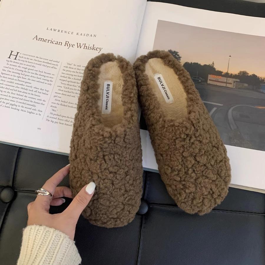Dongdaemun Fashion Lamb Wool Bag Head Wool Slippers Women's Autumn and Winter Wear 2025 New One-pedal Cotton Slippers