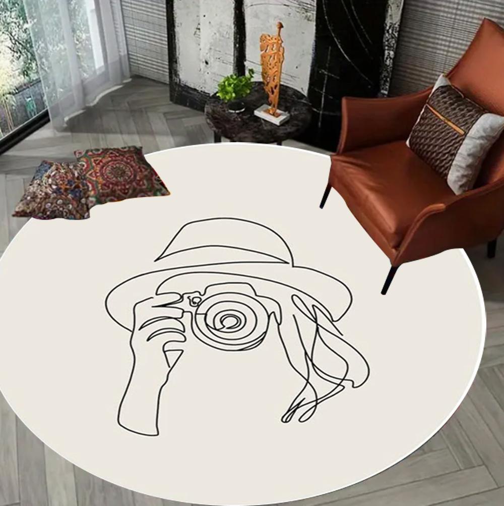 Minimalist Lines Pattern Round Rug Modern Black Line Camera Design Soft Non-slip Carpet Living Room Bedroom Decor Floor Mat