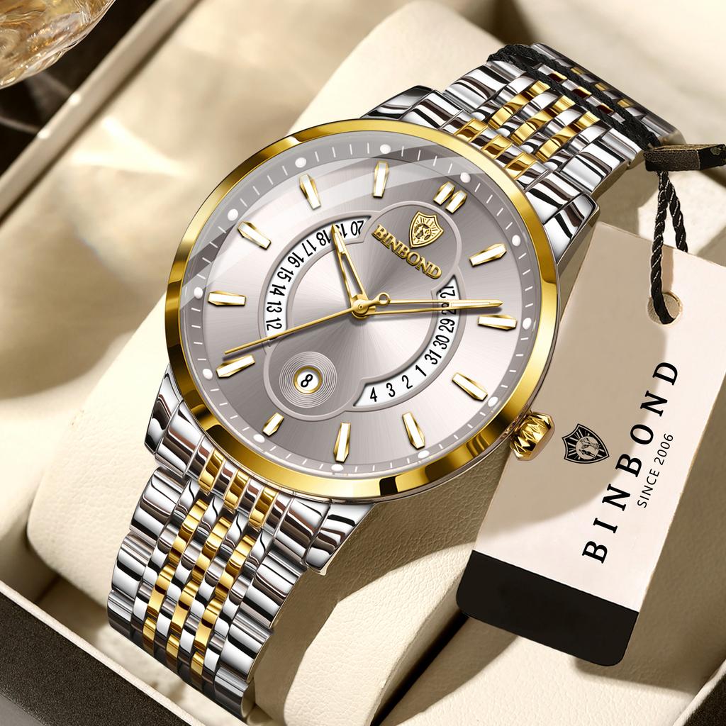 BINBOND Luminous Waterproof Reloj Auto Date Accurate Men's Watch Sturdy Stainless Steel Strap Quartz Wristwatches For Men Luxury