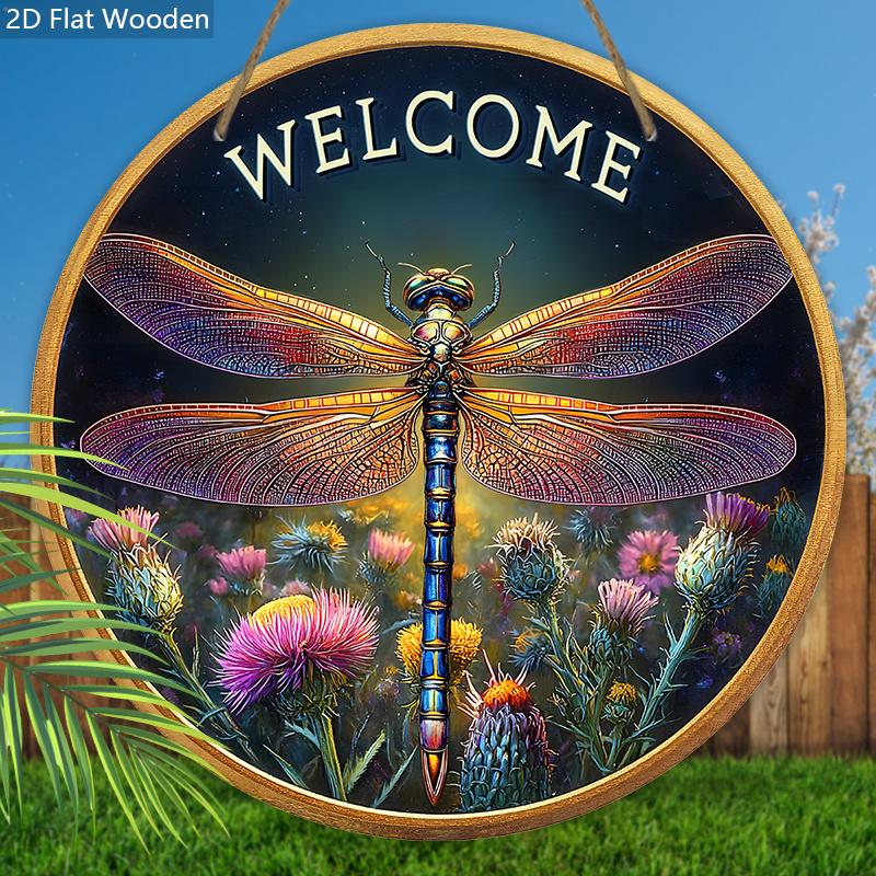 Rustic Wooden Welcome Sign with Dragonfly Pattern - Decorative Hanging Plaque for Front Door, Wall Decoration