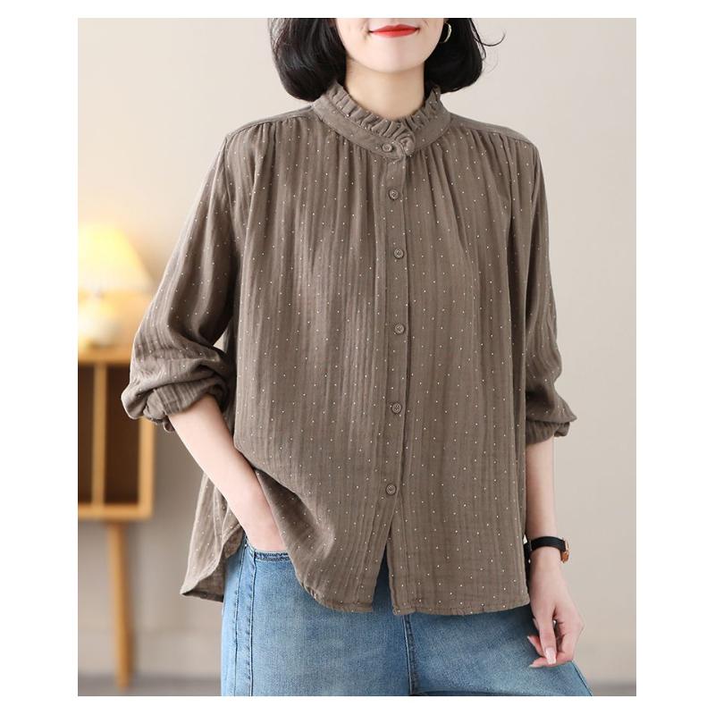 

Хлопок для женщин Весна Осень Топы со стойкой воротником Ретро Рубашки в горошек Трендовые L коричневый