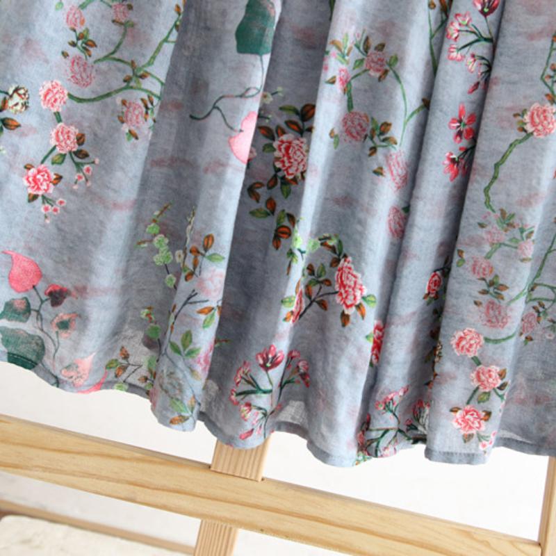 Japanischer Mori-Mädchen-Damen-Grau-Midirock, elastische Taille, Blumendruck, A-Linien-Rock, Prärie-Chic, Baumwolle, femininer langer Rock