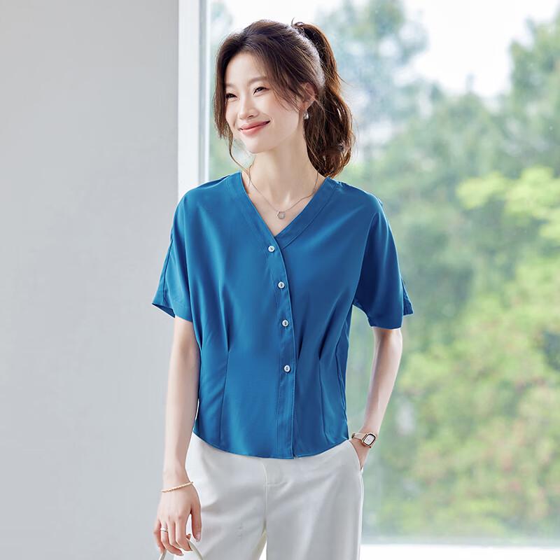 Tluoman Stylish V-Neck Chiffon Short-Sleeve Blouse L