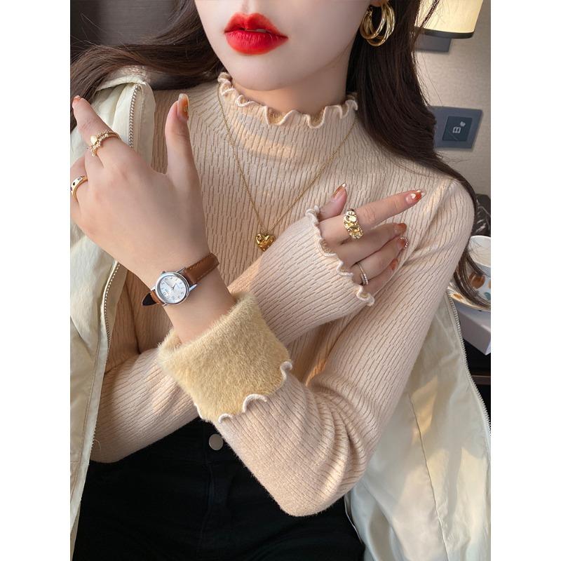 Semi-turtleneck bottoming shirt women's autumn and winter fleece thickened integrated fleece sweater lace fungus edge with knitted sweater top