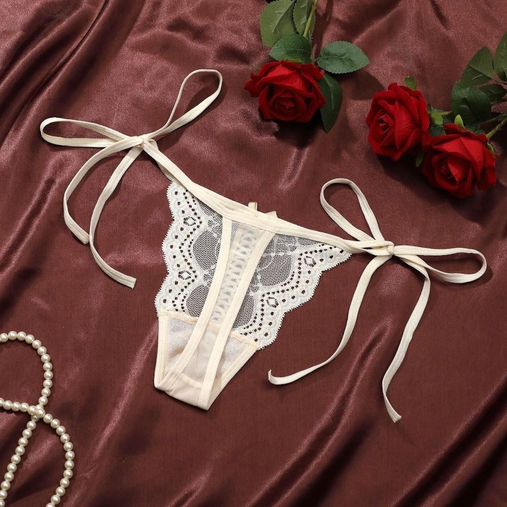 Adjustable Waist Strap Bow Lace Flower Transparent Briefs Low Waist Romantic T Panties Gift